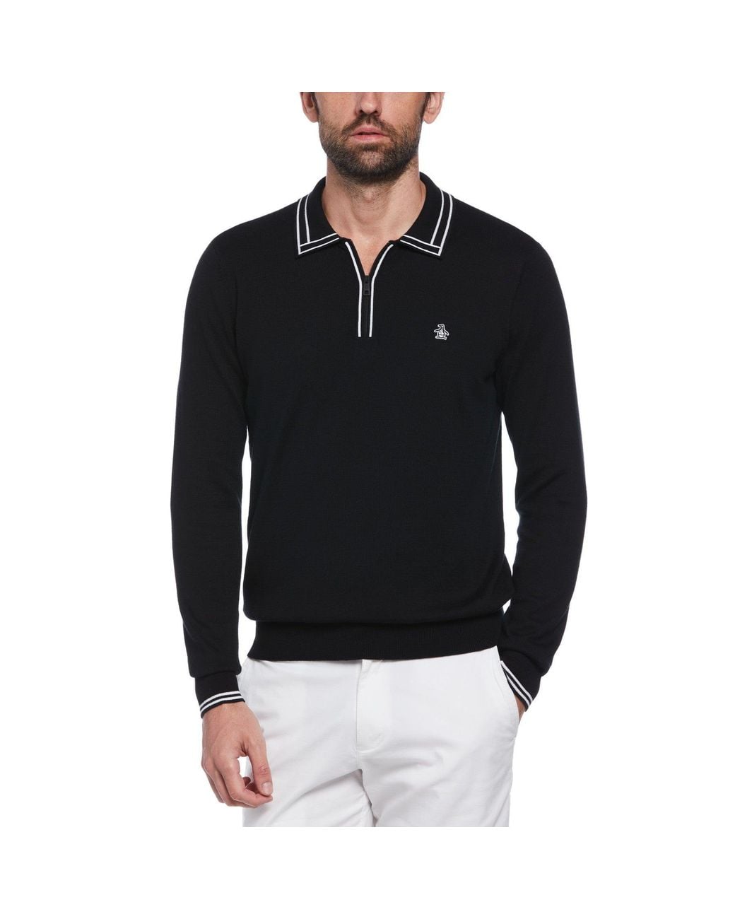Original Penguin Long Sleeve Quarter Zip Polo Jumper In True Black for men