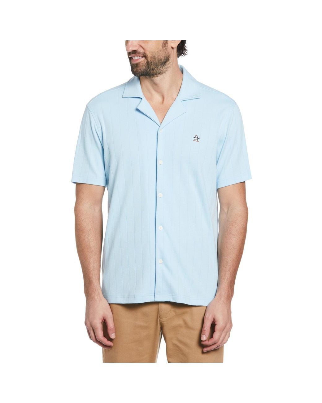 Original Penguin Blue Organic Cotton Striped Shirt With Camp Collar for men