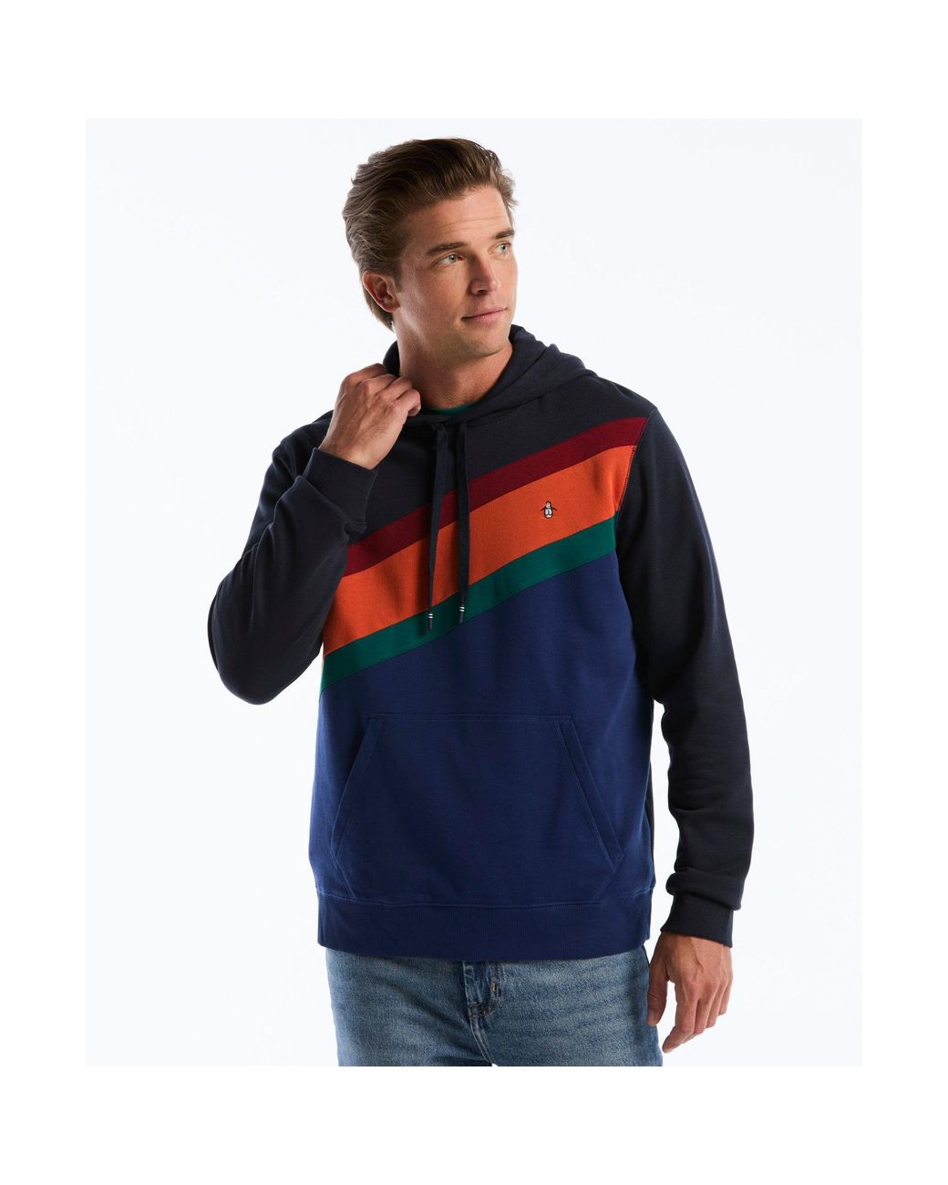Original Penguin Blue Icons Asymmetrical Colourblock Hoodie In Dark Sapphire for men