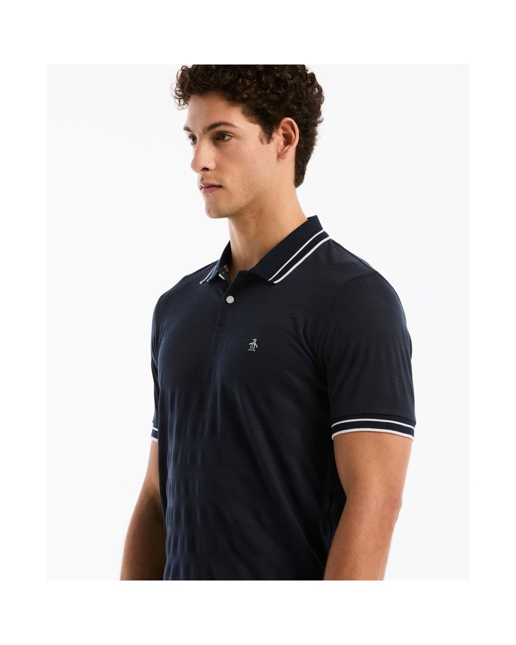 Original Penguin Black Textured Stripe Tipped Polo Shirt In Dark Sapphire for men