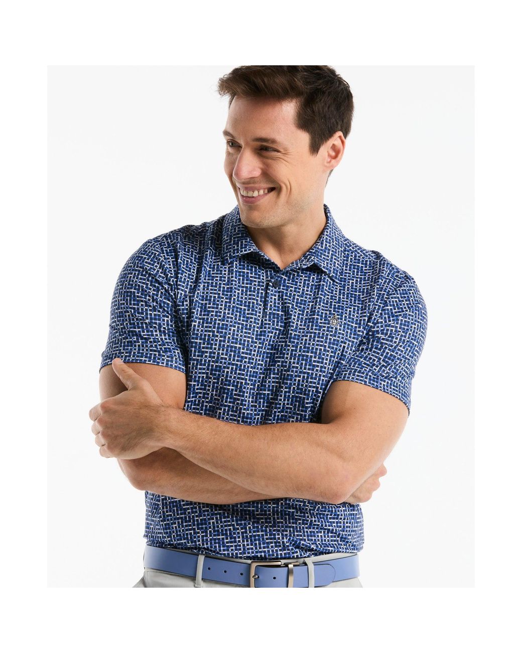 Original Penguin Blue Colour Theory Gingham Golf Polo In Black Iris for men