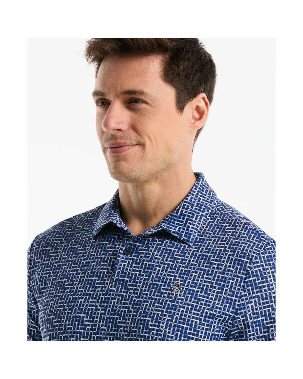Original Penguin Blue Colour Theory Gingham Golf Polo In Black Iris for men