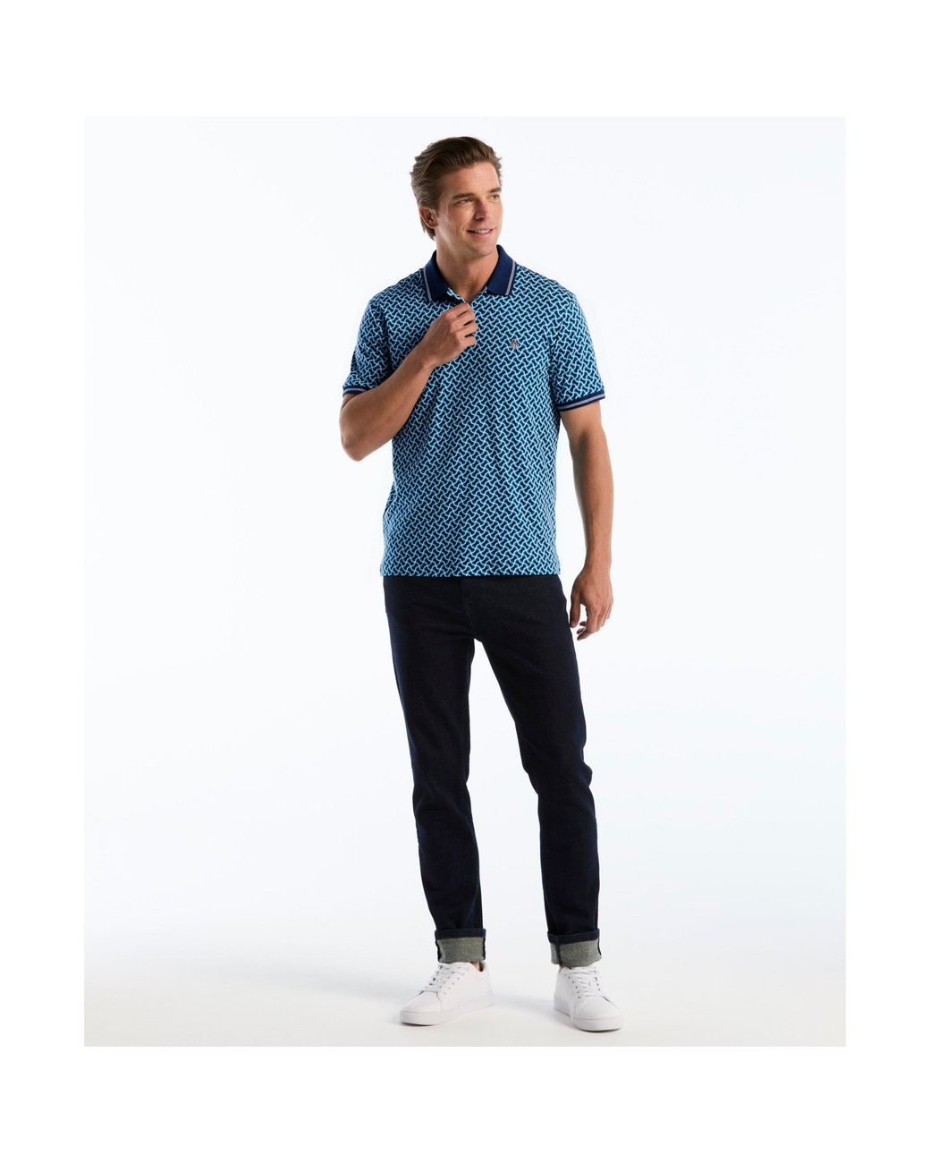 Original Penguin Blue 70's Interlock Geo Polo In Dark Sapphire for men