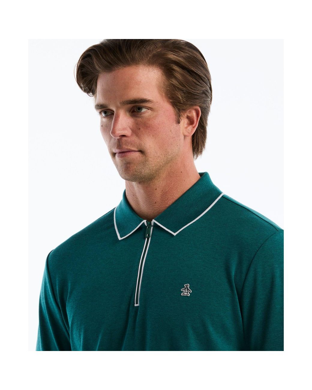 Original Penguin Green Interlock 1/4 Zip Tipped Polo In Storm Heather for men