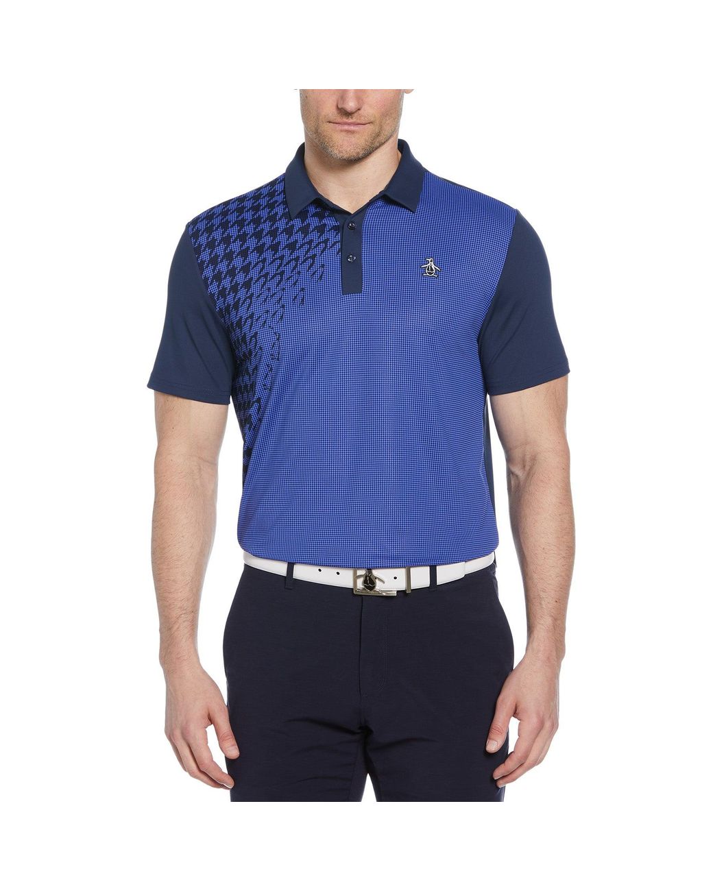 Original Penguin Blue Asymmetrical Pete Gingham Colour Block Golf Polo Shirt In Black Iris for men