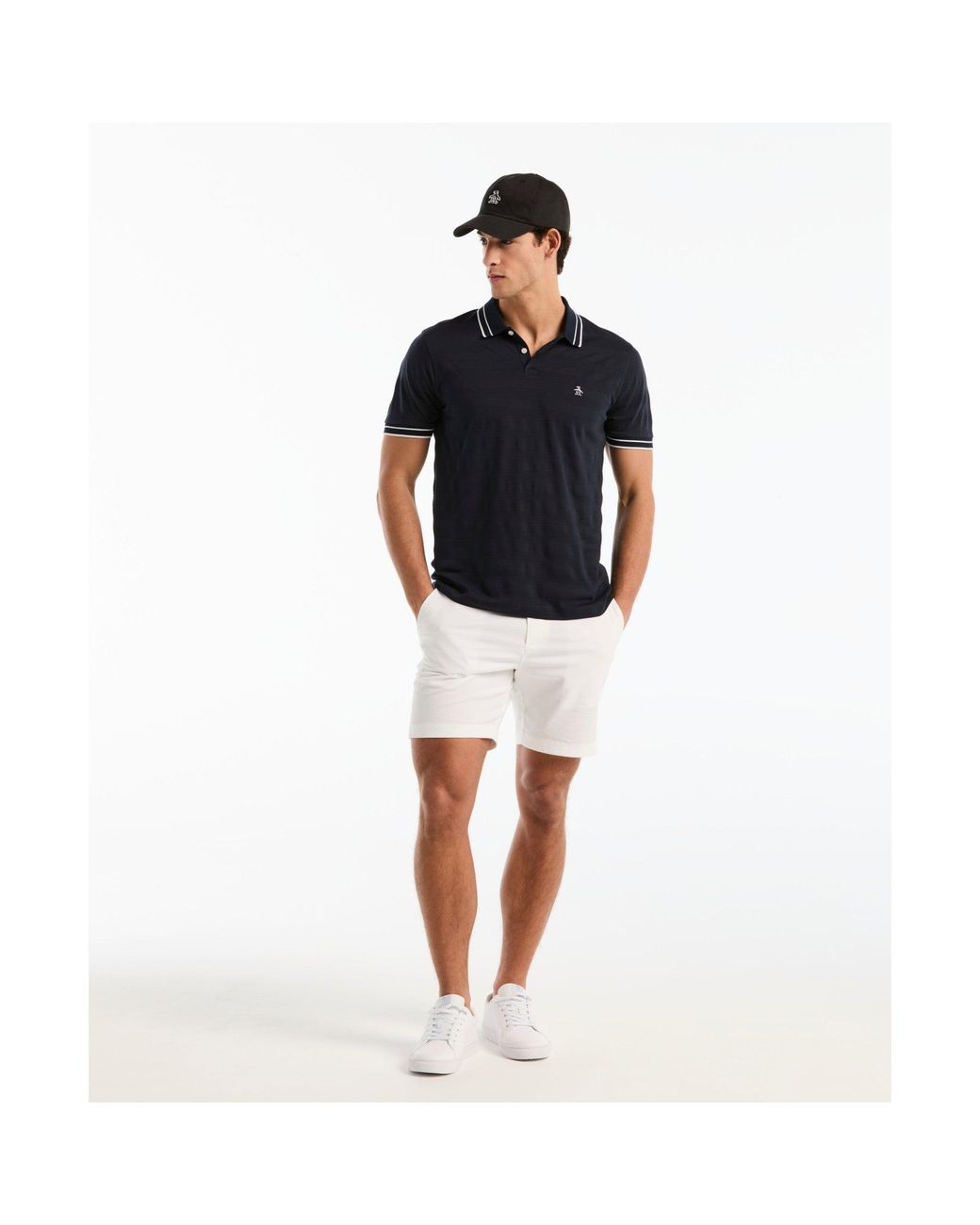 Original Penguin Black Textured Stripe Tipped Polo Shirt In Dark Sapphire for men