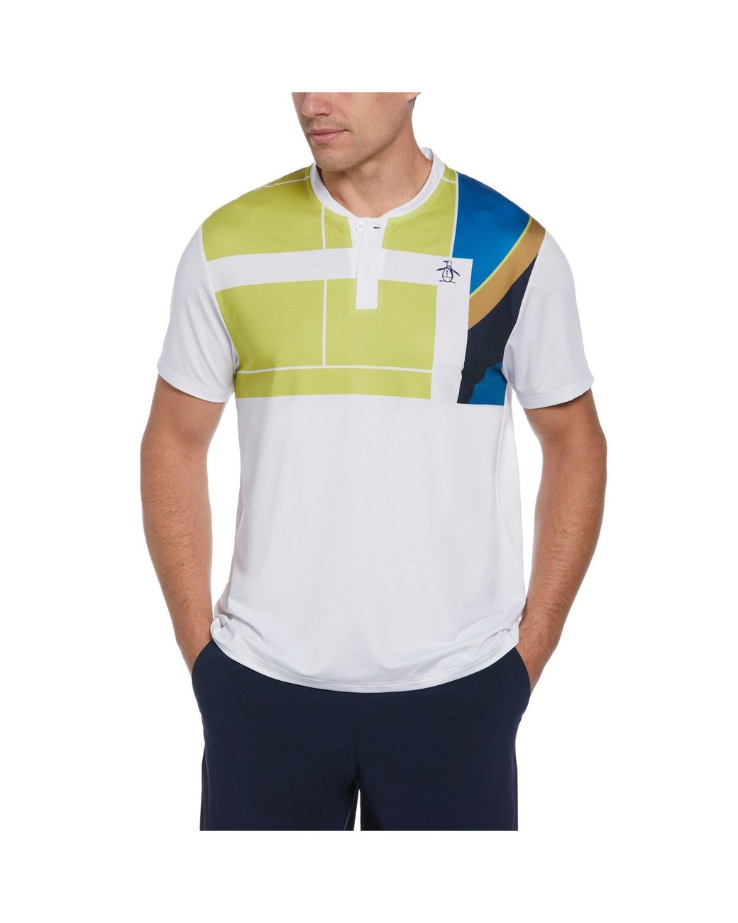 Original Penguin Blue Abstract Printed Henley Tennis Shirt In Bright White for men