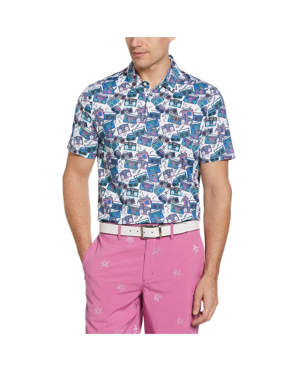 Original Penguin Blue Heritage Boombox Print Golf Polo Shirt In Bright White for men