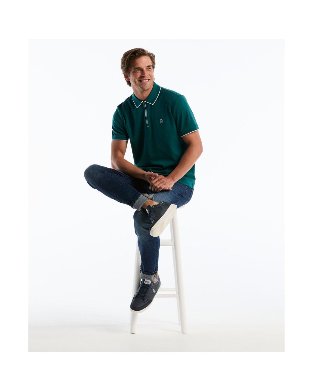 Original Penguin Green Interlock 1/4 Zip Tipped Polo In Storm Heather for men