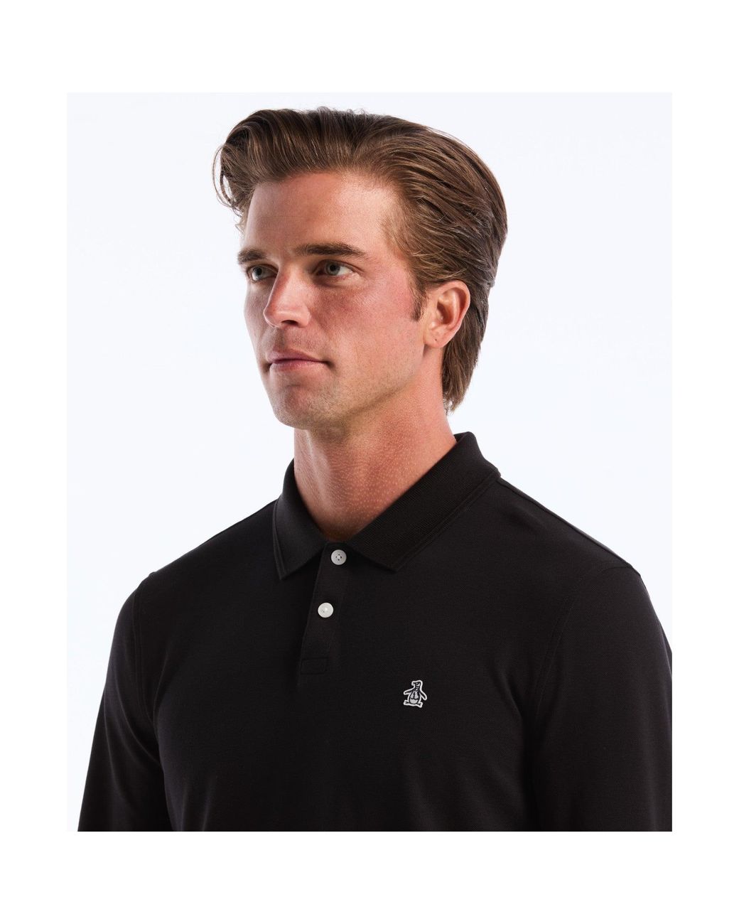 Original Penguin Pique Long Sleeve Polo In True Black for men