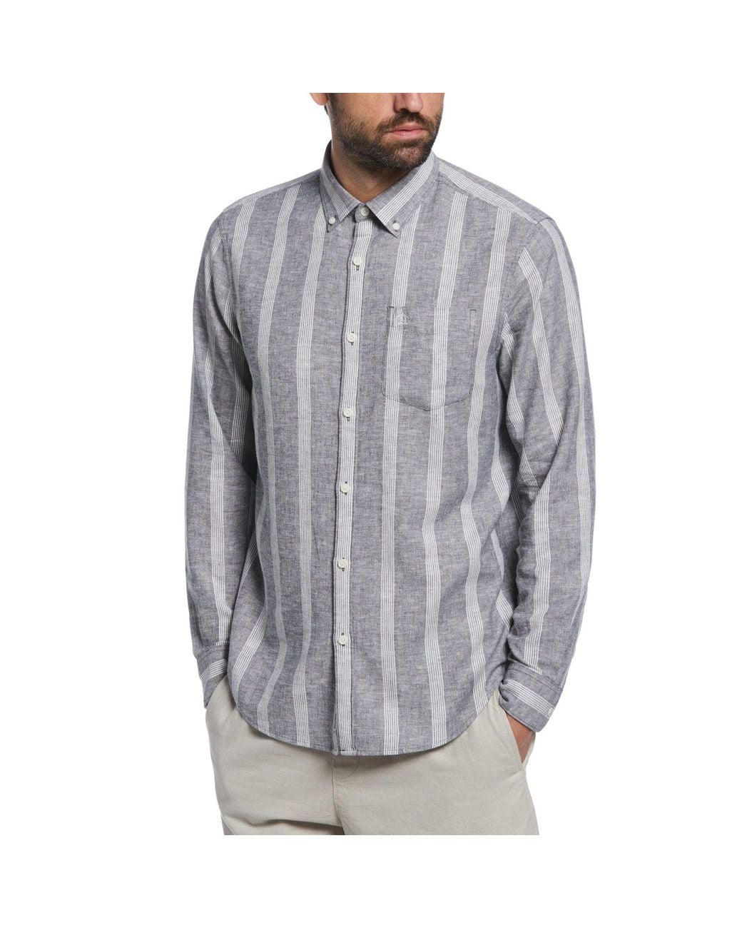 Original Penguin Gray Linen Ecoverotm Blend Stripe Shirt for men