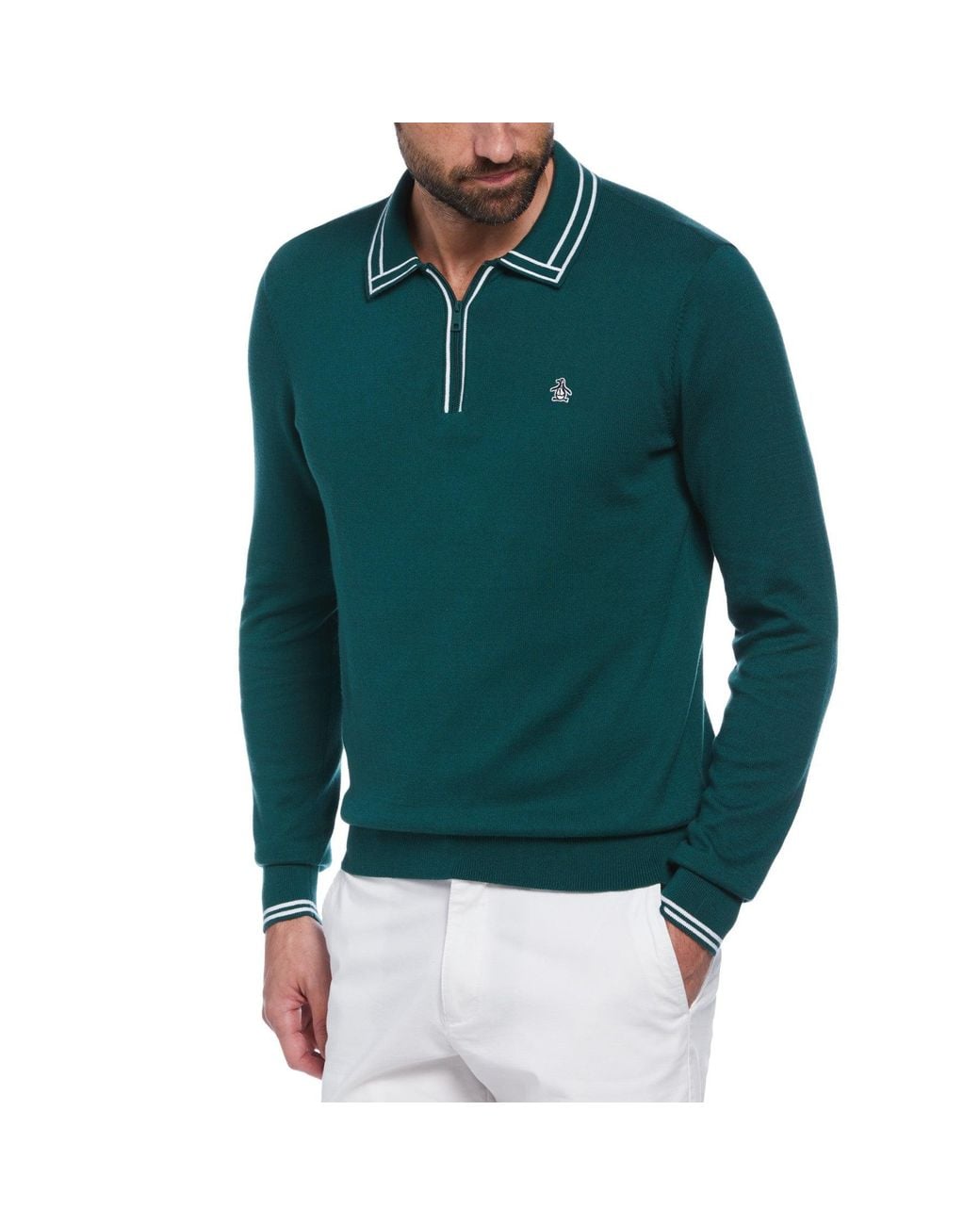 Original Penguin Green Long Sleeve Quarter Zip Polo Jumper In June Bug for men