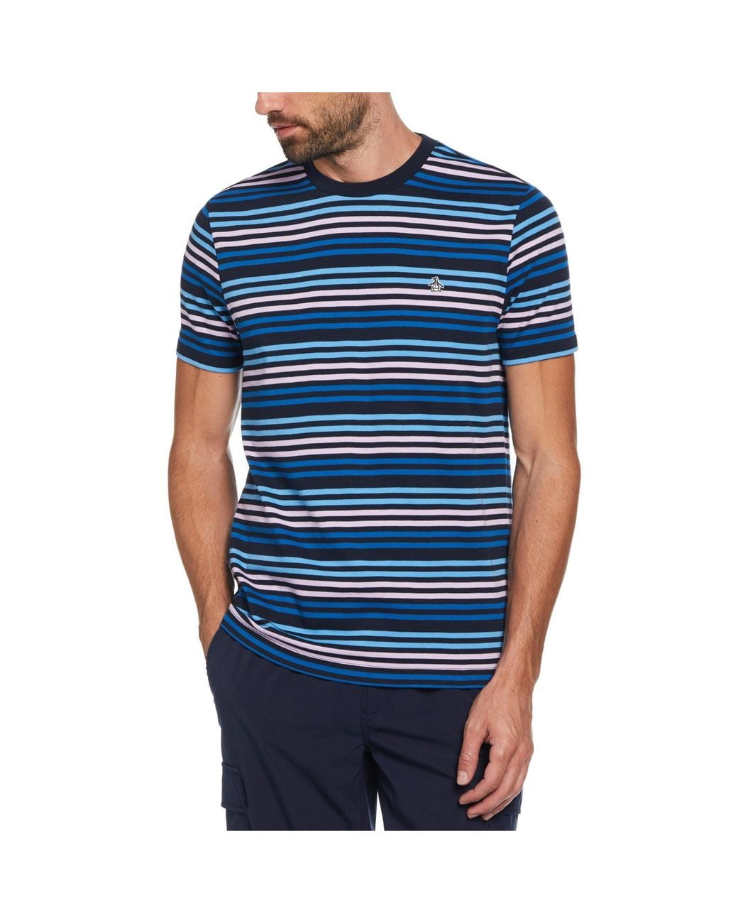 Original Penguin Blue Short Sleeve Interlock Engineered Stripe T-shirt In Dark Sapphire for men