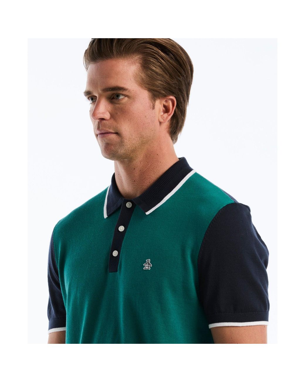 Original Penguin Green Colourblock Sweater Polo In Storm for men