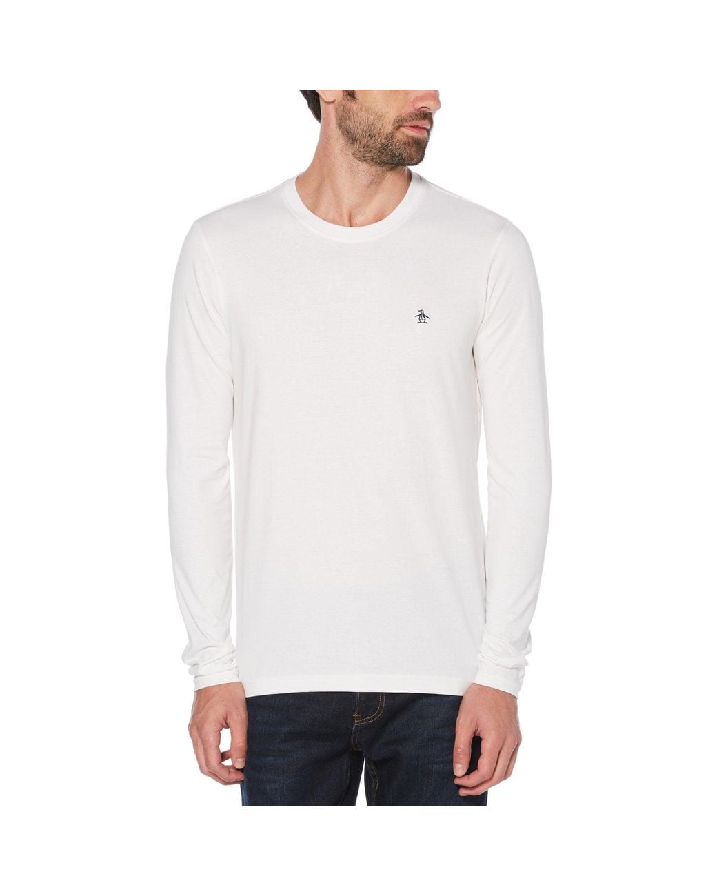 Original Penguin White Pin Point Long Sleeve Embroidered Logo Organic Cotton T-Shirt for men