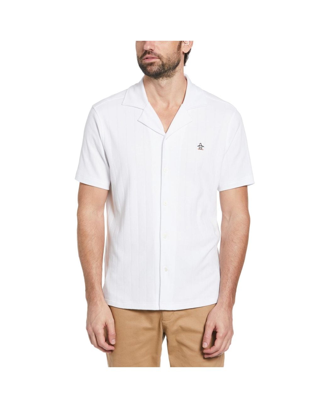 Original Penguin White Organic Cotton Striped Shirt With Camp Collar for men