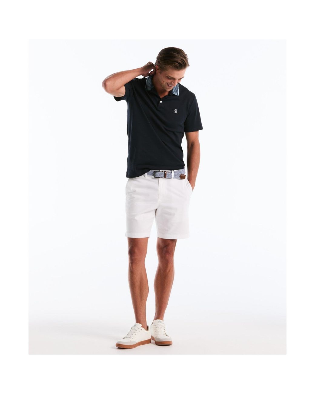 Original Penguin Black Interlock Striped Collar Polo Shirt In Dark Sapphire for men