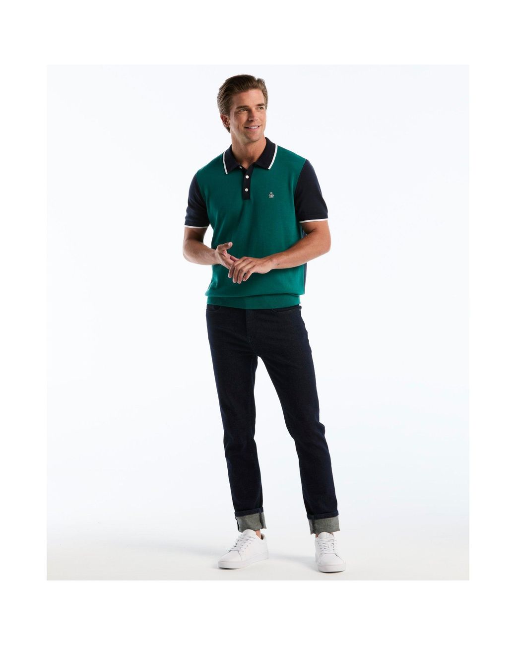 Original Penguin Green Colourblock Sweater Polo In Storm for men