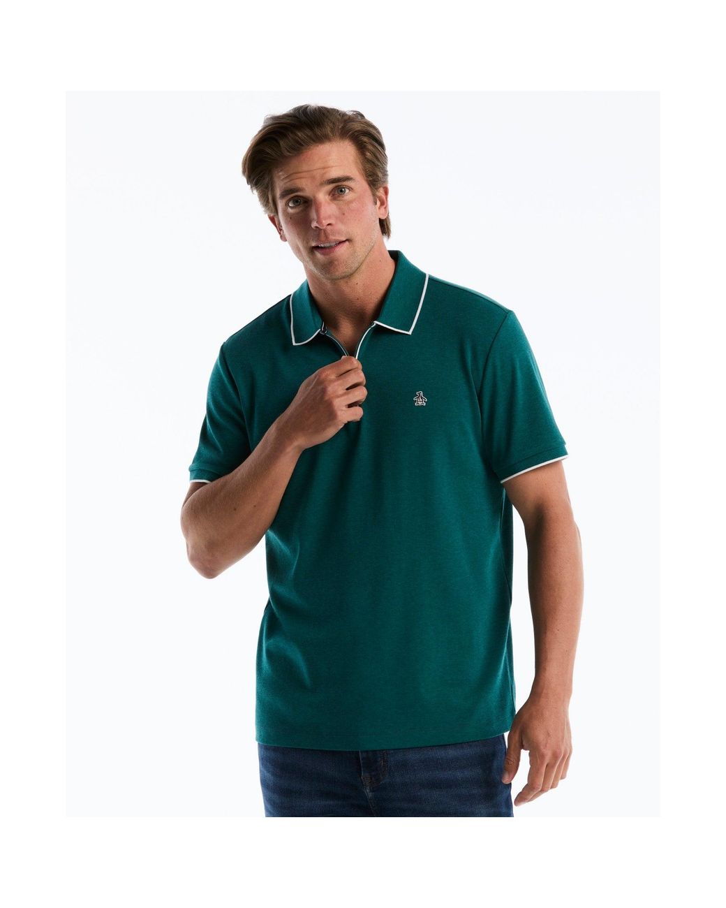 Original Penguin Green Interlock 1/4 Zip Tipped Polo In Storm Heather for men