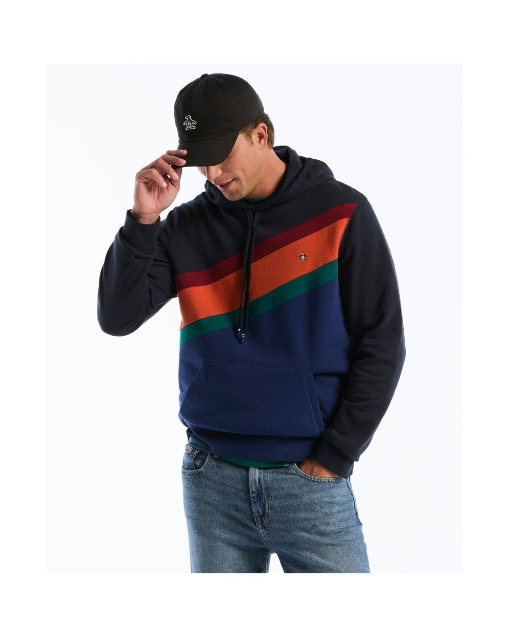 Original Penguin Blue Icons Asymmetrical Colourblock Hoodie In Dark Sapphire for men