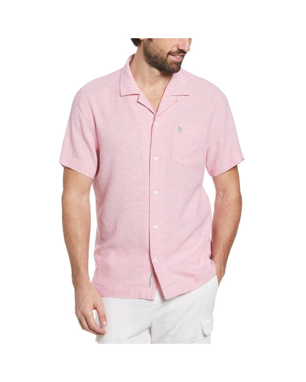 Original Penguin Pink Linen Ecovero Blend Camp Collar Short Sleeve Shirt for men