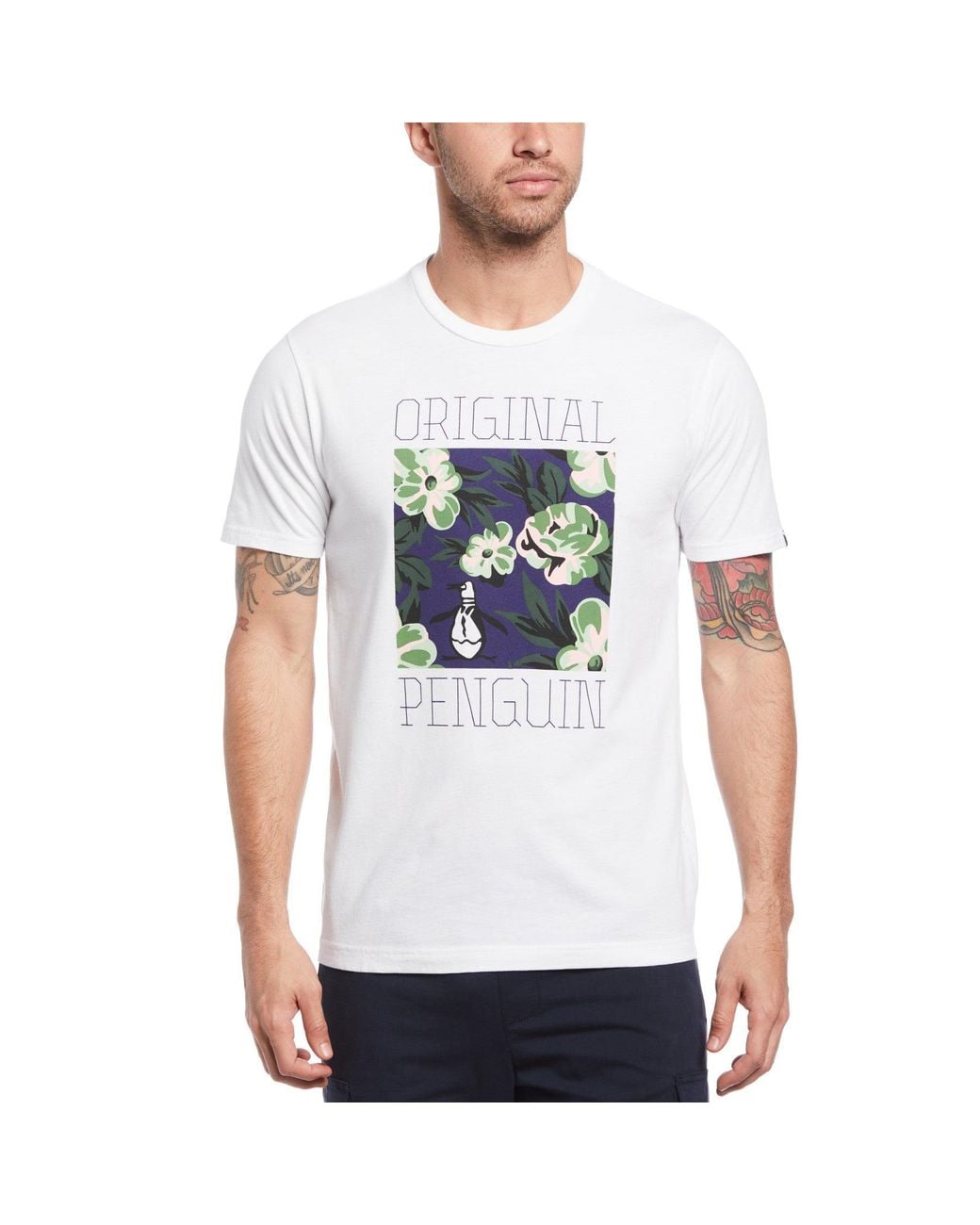 Original Penguin White Colour Block Floral Pete Organic Cotton T-Shirt for men