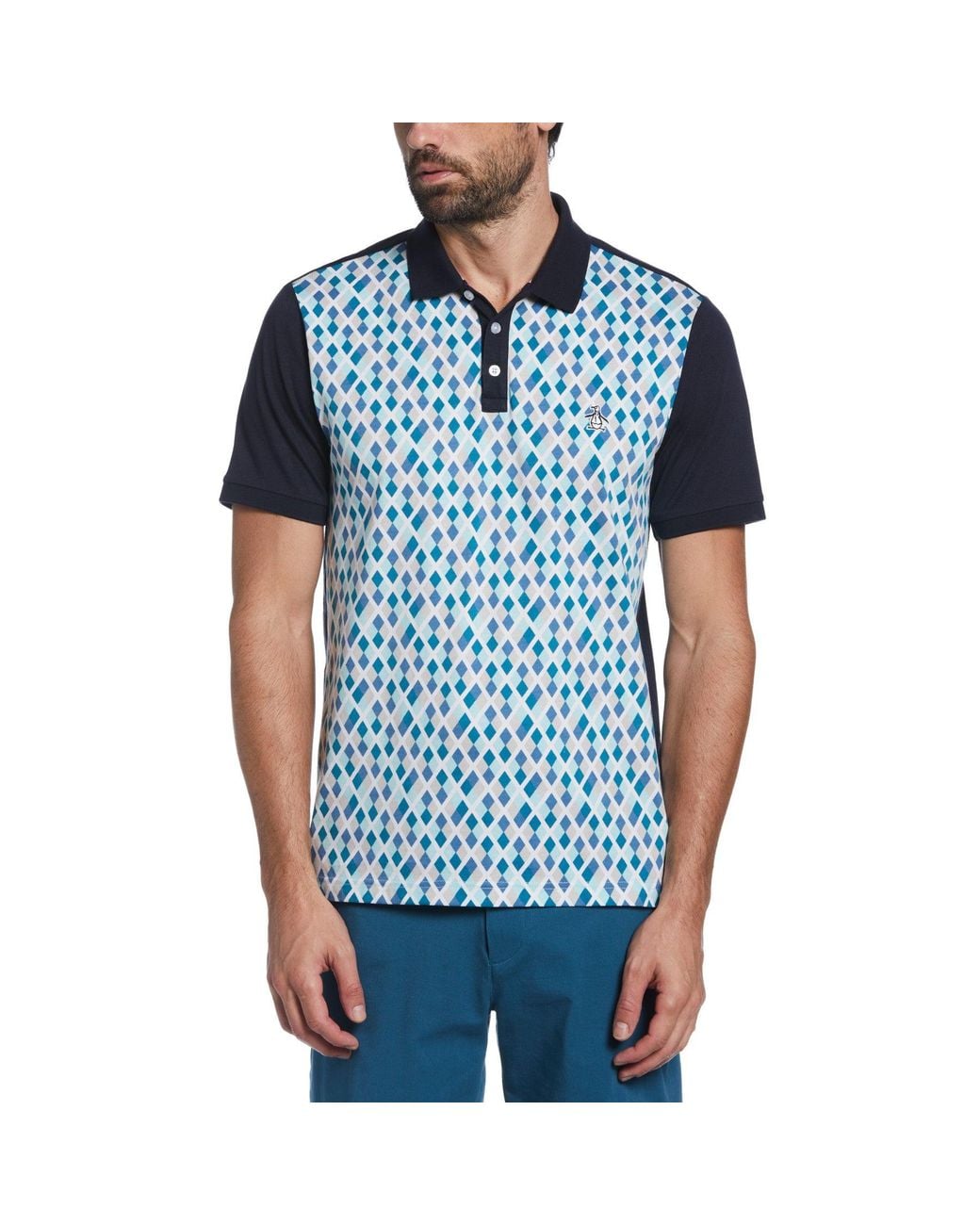 Original Penguin Blue Diamond Print Front Short Sleeve Polo Shirt In Dark Sapphire | Outlet for men