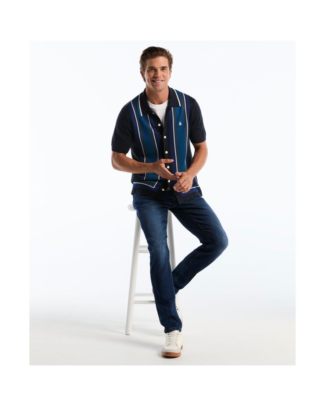 Original Penguin Blue Jacquard Blend Button-up Sweater Polo In Dark Sapphire for men