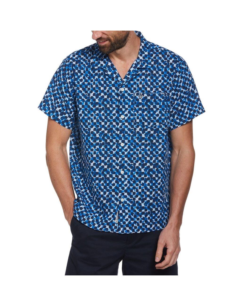 Original Penguin Blue Linen Ecovero Blend Tile Print Short Sleeve Shirt for men