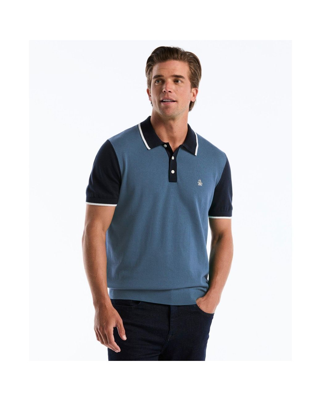 Original Penguin Blue Colourblock Sweater Polo In Dark Sapphire for men