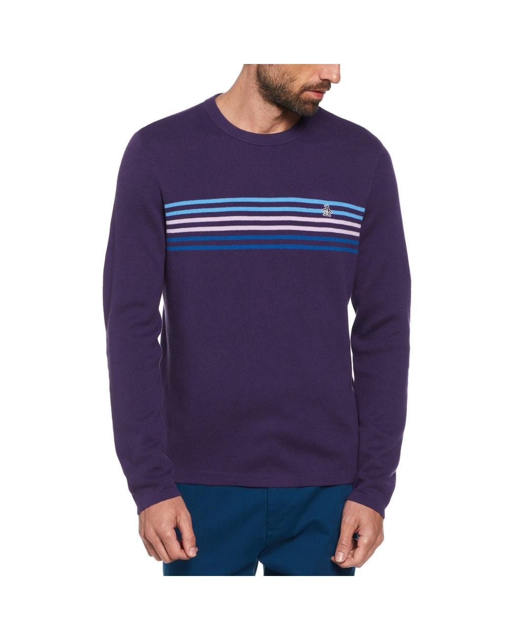 Original Penguin Blue Crew Neck Chest Stripe Jumper In Grape for men