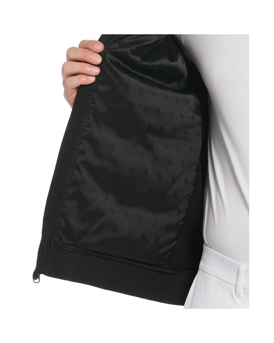 Original Penguin Black Mixed Media Colour Blocked Insulated Full Zip Golf Jacket In Caviar for men