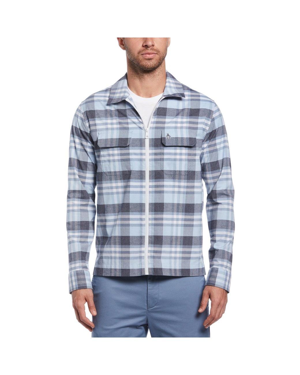 Original Penguin Blue Premium Ecovero And Cotton Plaid Stretch Shirt With Zip for men