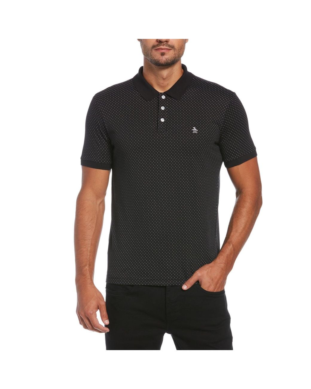 Original Penguin Dobby Printed Short Sleeve Polo Shirt In True Black for men