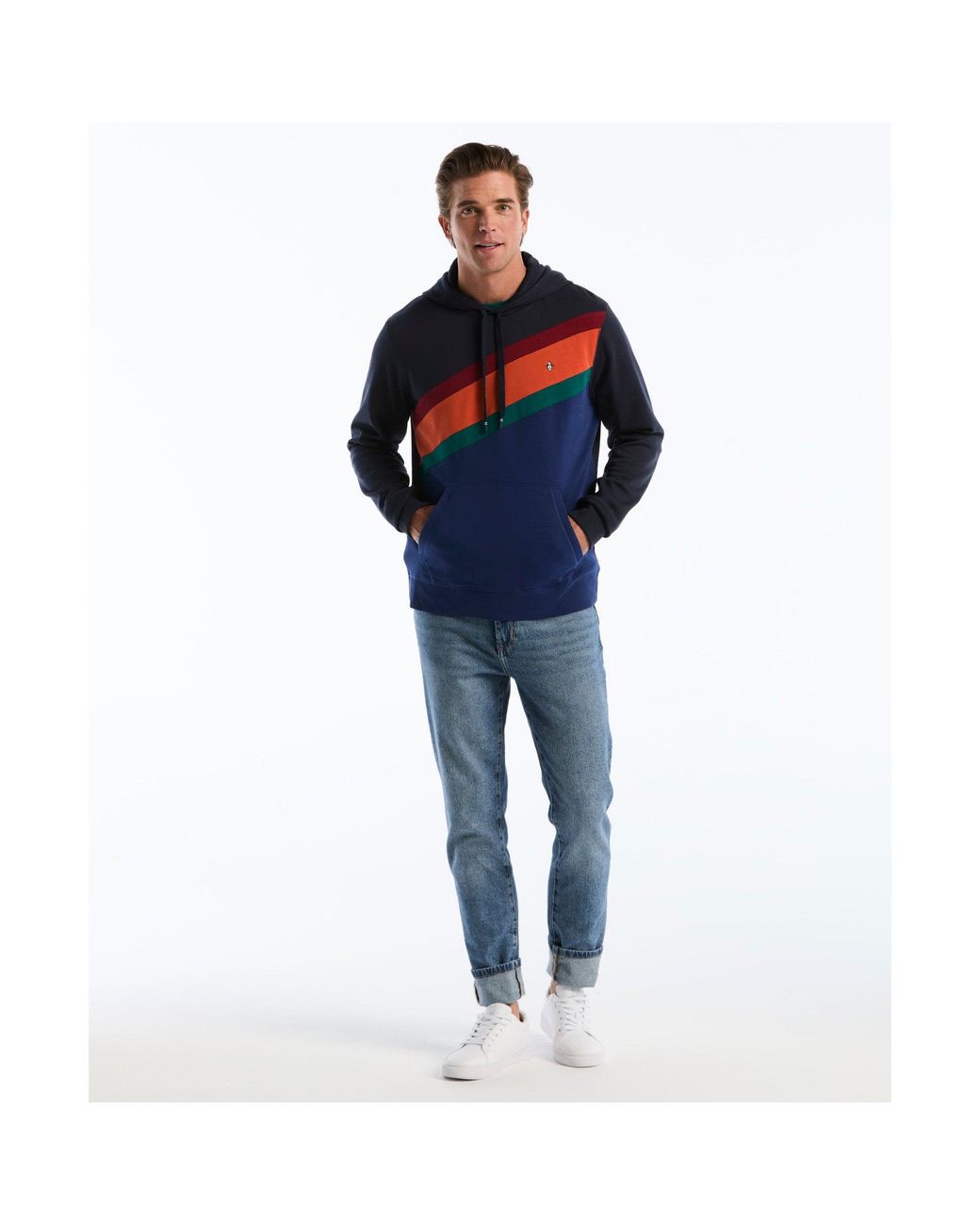 Original Penguin Blue Icons Asymmetrical Colourblock Hoodie In Dark Sapphire for men