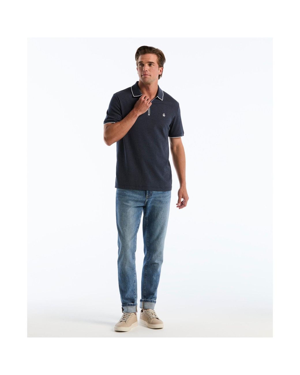 Original Penguin Blue Interlock 1/4 Zip Tipped Polo In Dark Sapphire Heather for men