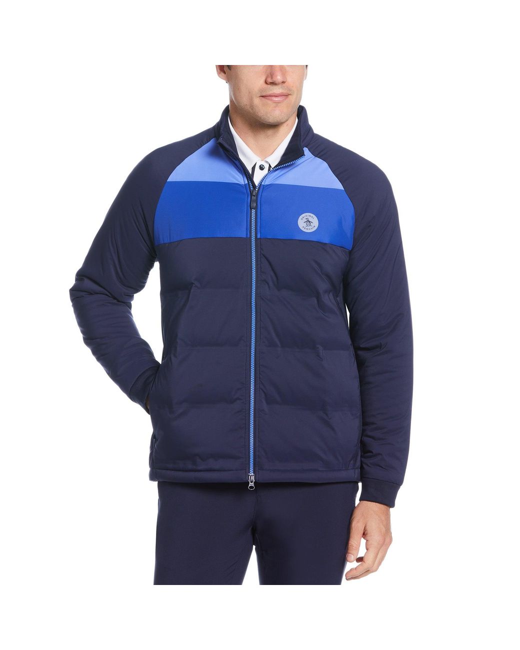 Original Penguin Blue Mixed Media Colour Blocked Insulated Full Zip Golf Jacket In Black Iris for men
