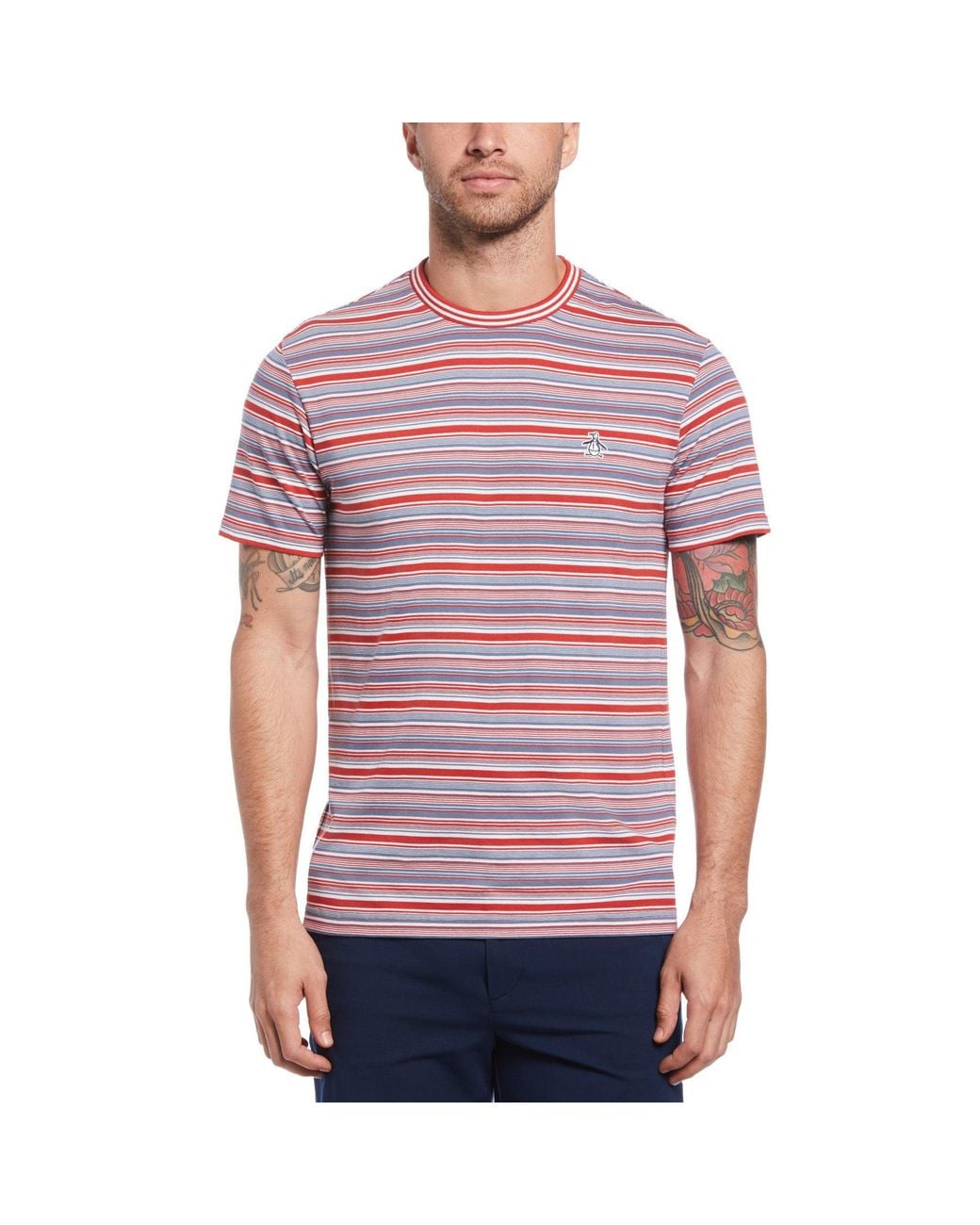 Original Penguin Red Multi Stripe Jersey Organic Cotton T-shirt In Lava Falls for men