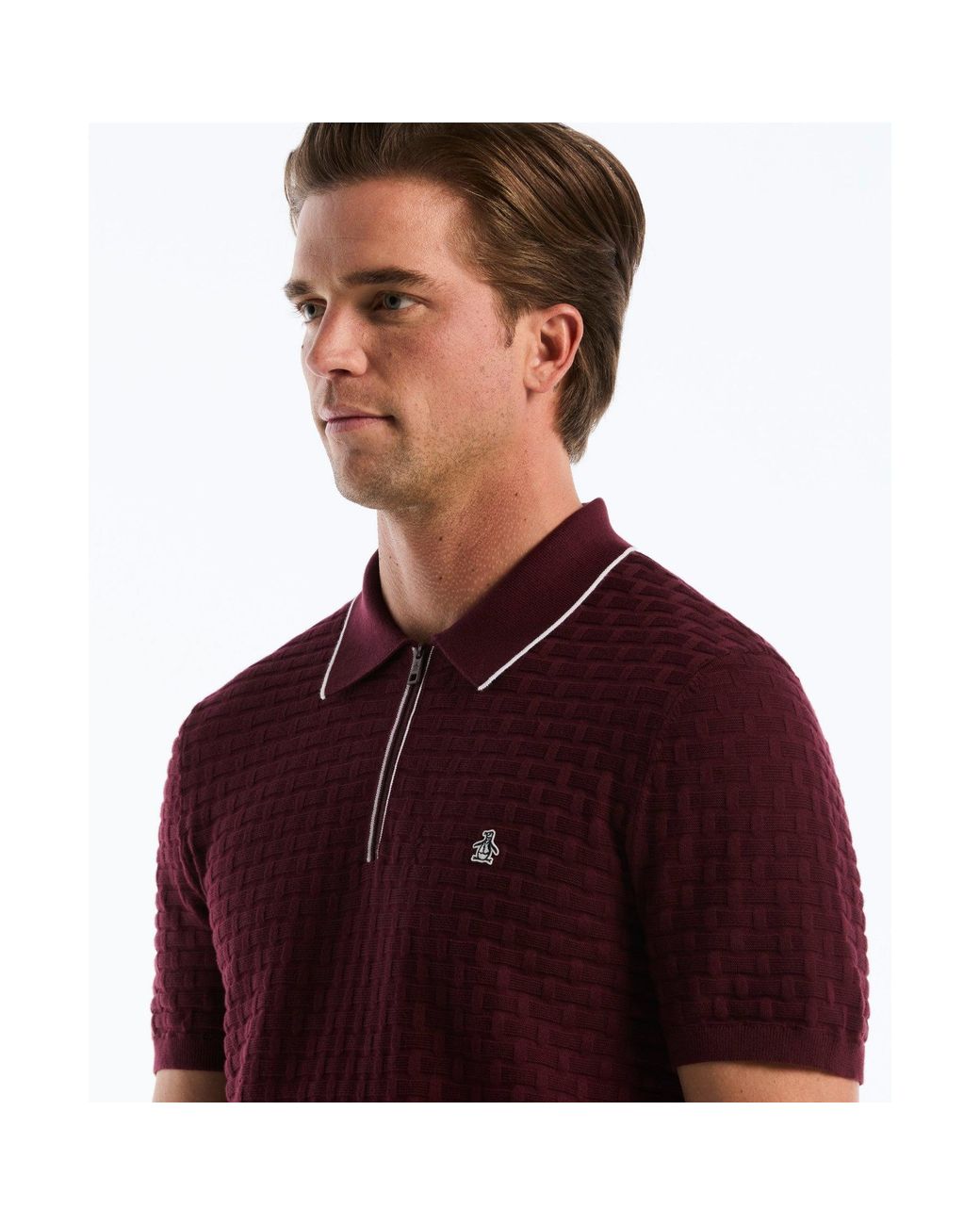 Original Penguin Red Links Stitch Quarter Zip Sweater Polo In Port Royale for men
