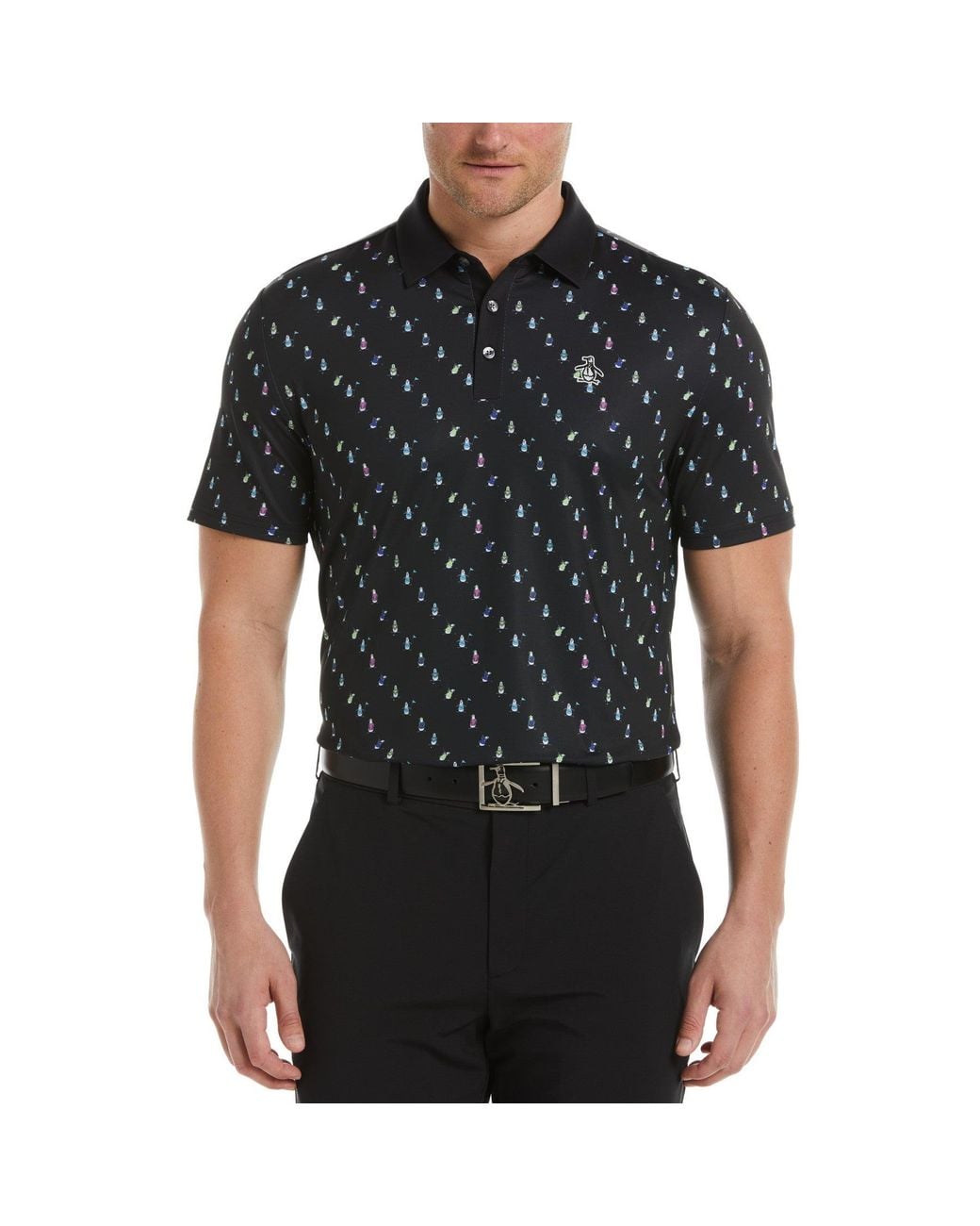 Original Penguin Black Swinging Pete Novelty Print Golf Polo Shirt for men