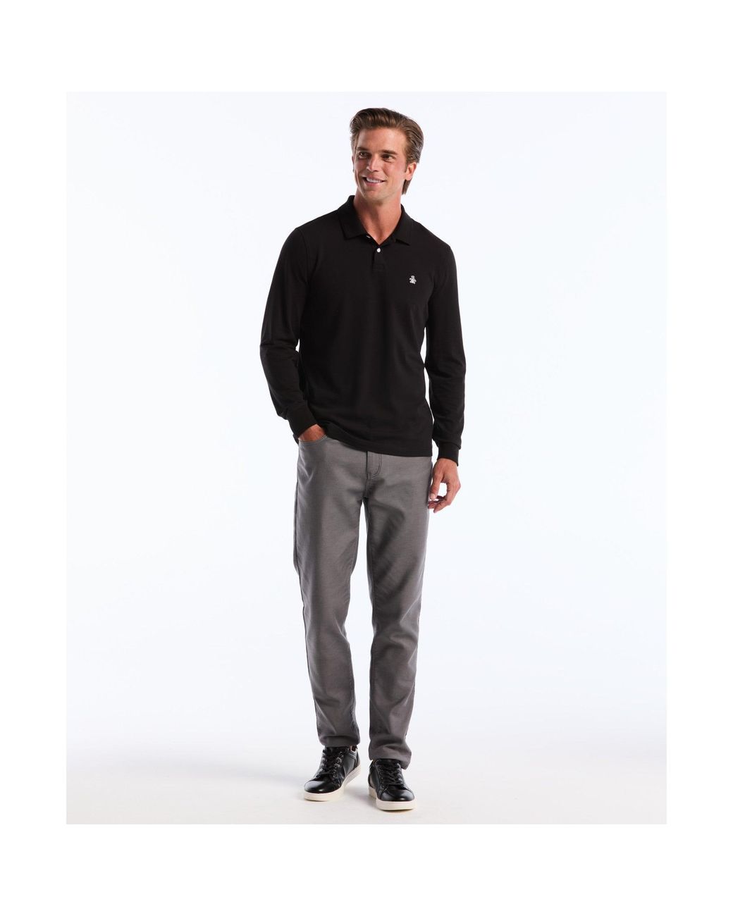Original Penguin Pique Long Sleeve Polo In True Black for men