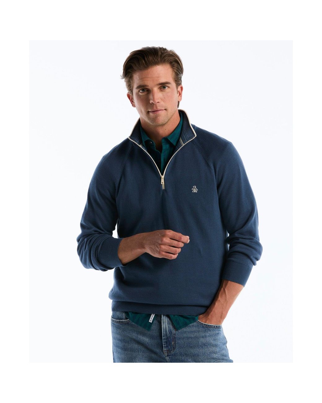 Original Penguin Blue Cotton Textured Quarter Zip Sweater In Sargasso Sea for men