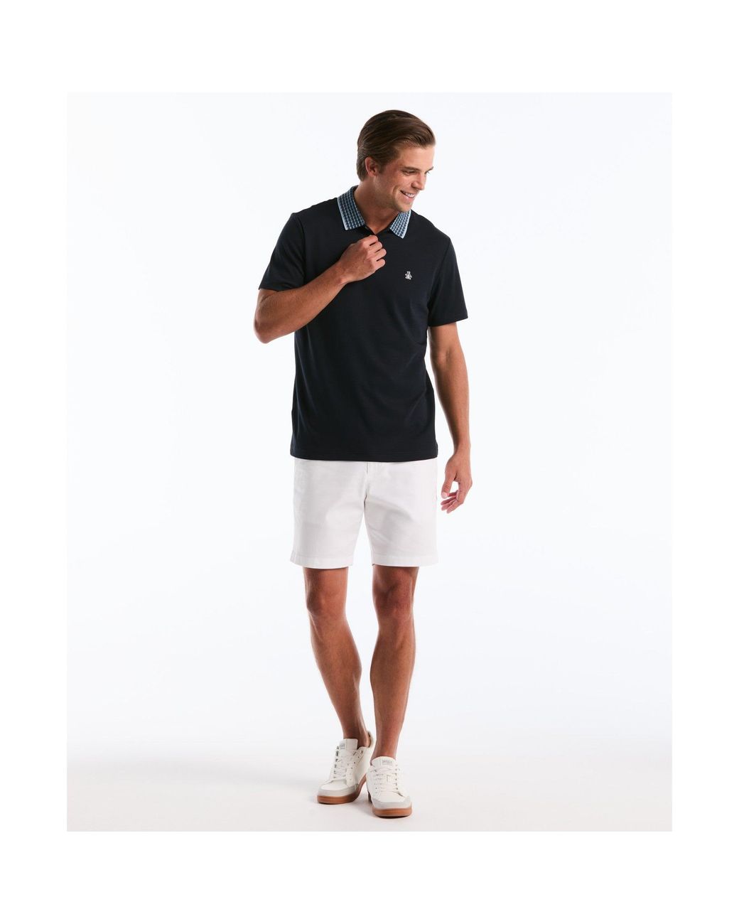Original Penguin Black Interlock Striped Collar Polo Shirt In Dark Sapphire for men