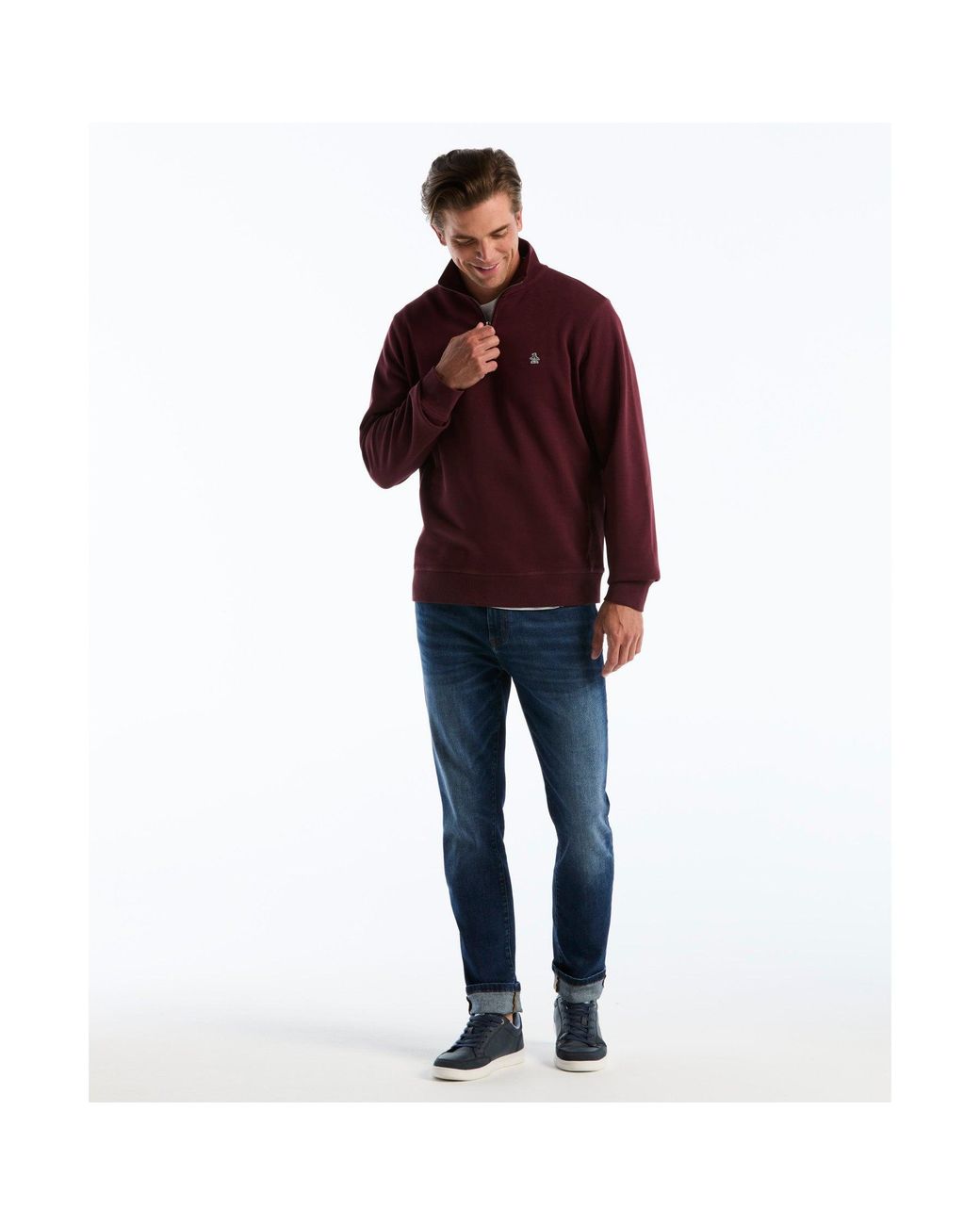 Original Penguin Red Sticker Pete Quarter Zip Sweatshirt In Port Royale for men