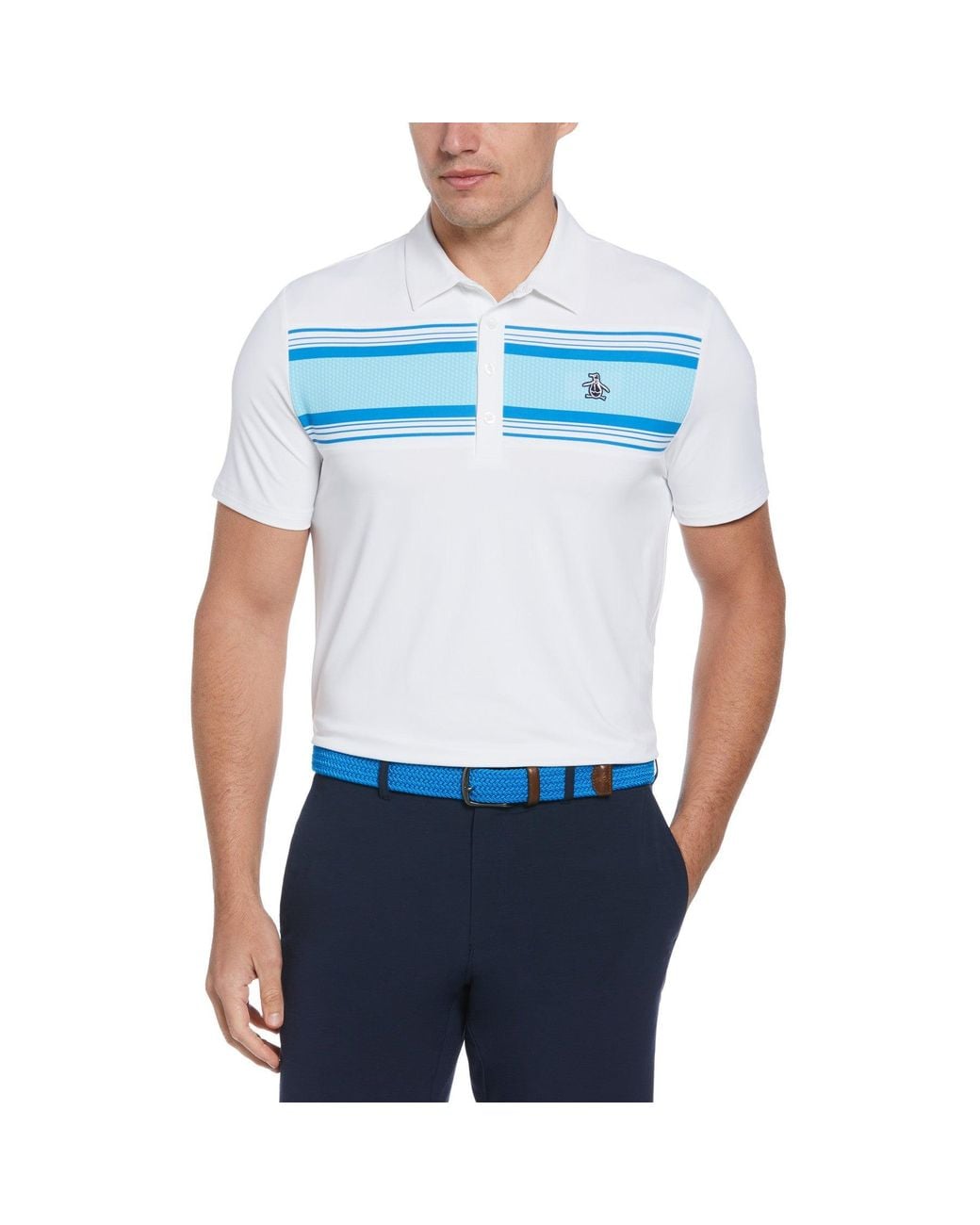 Original Penguin Blue Jack Heritage Stripe Print Short Sleeve Golf Polo Shirt In Bright White for men