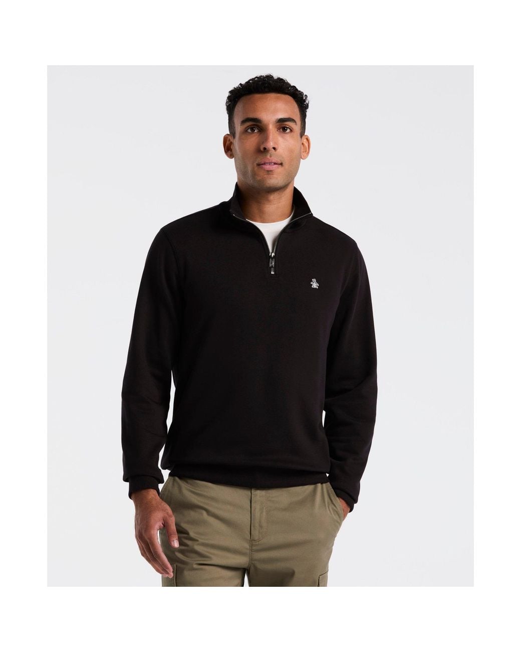 Original Penguin Sticker Pete Quarter Zip Sweatshirt In True Black for men