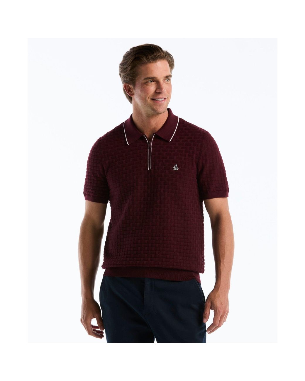 Original Penguin Red Links Stitch Quarter Zip Sweater Polo In Port Royale for men