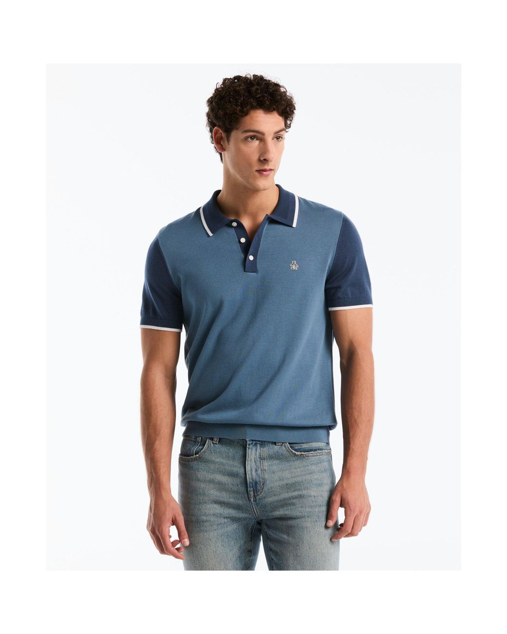 Original Penguin Colourblock Sweater Polo In Copen Blue for men