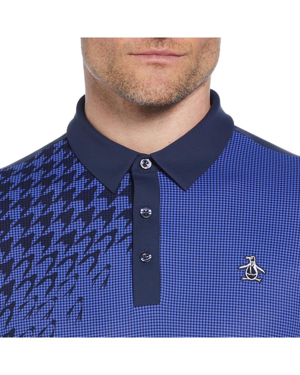 Original Penguin Blue Asymmetrical Pete Gingham Colour Block Golf Polo Shirt In Black Iris for men