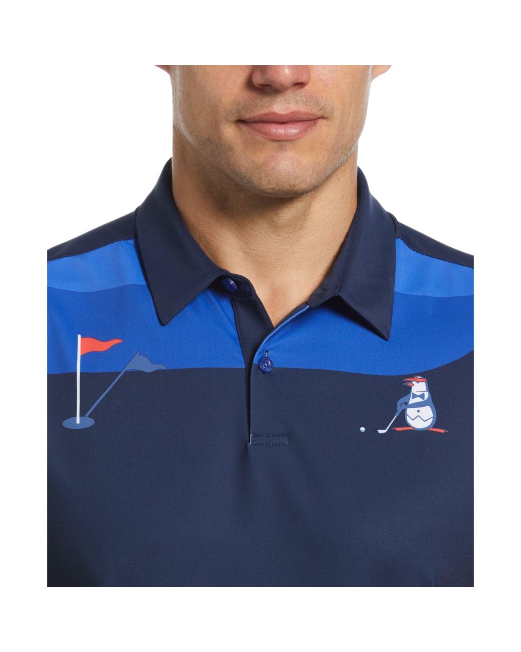 Original Penguin Blue Pete On The Green Block Print Golf Polo Shirt In Black Iris for men